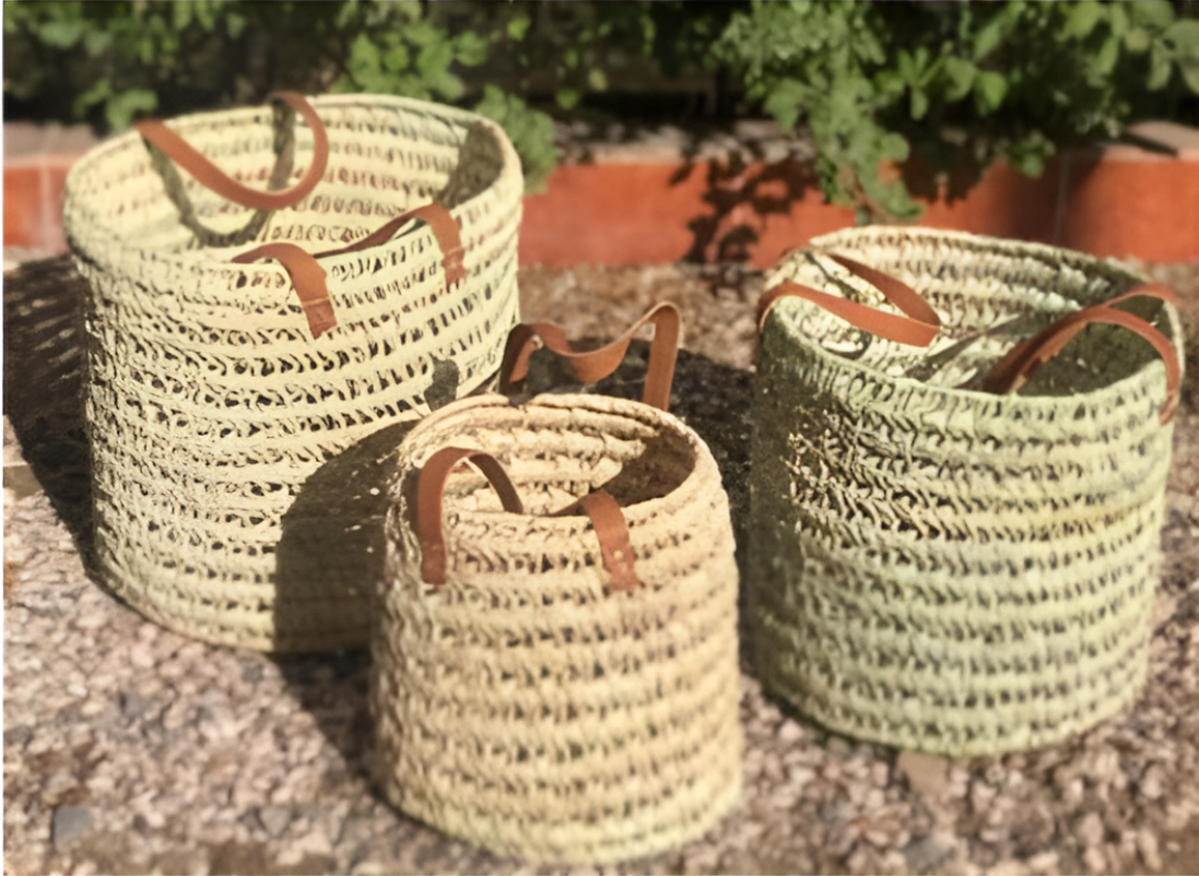 Paniers en Doum/cuir x3 - Rangement Élégant et Pratique